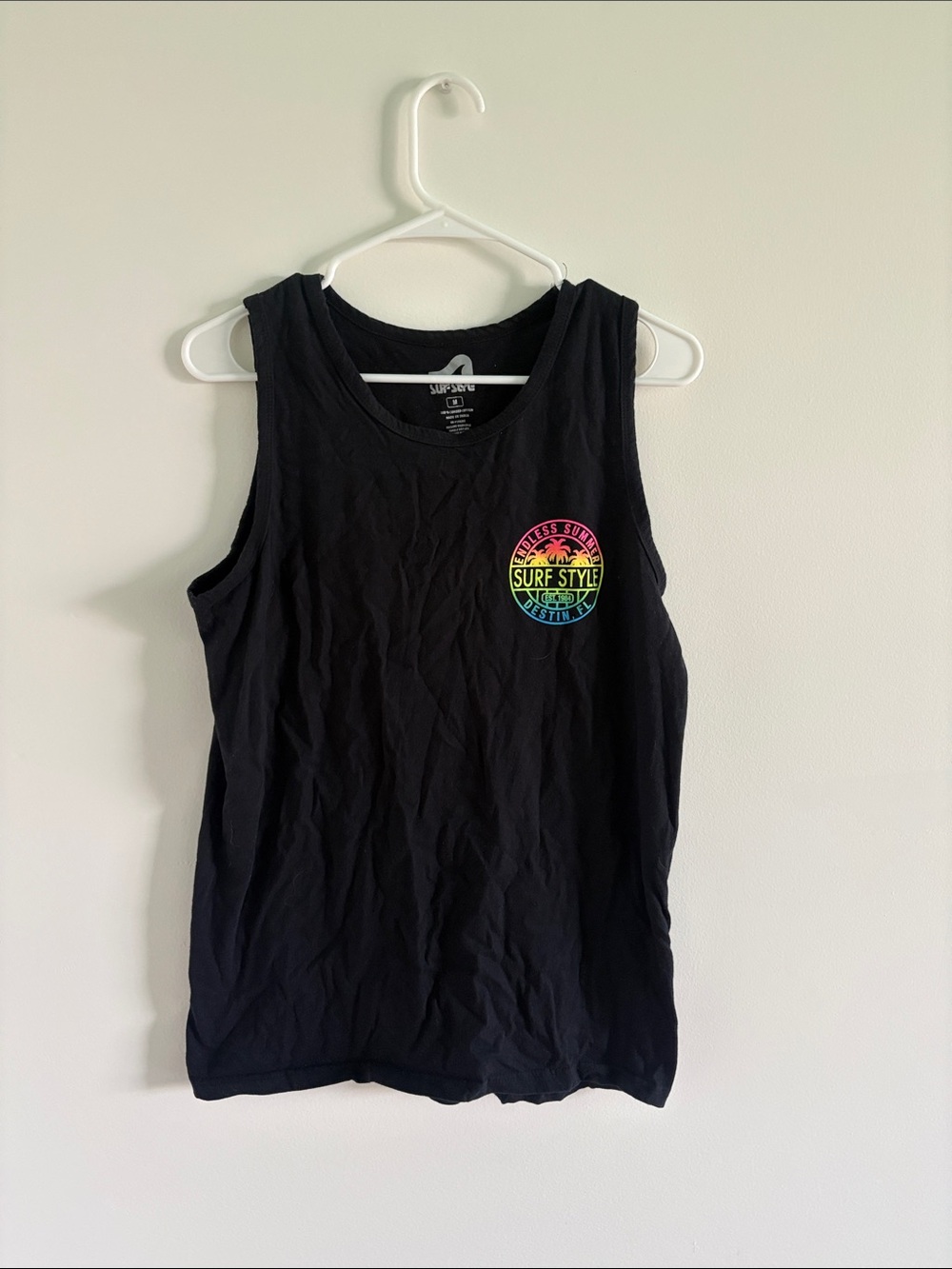 Surf Style Black Tank with Rainbow Surf Emblem